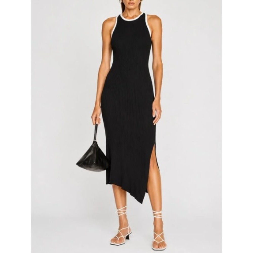 A.L.C. Ribbed Midi Dress Small Black Cream Trim Old Money Coastal Preppy